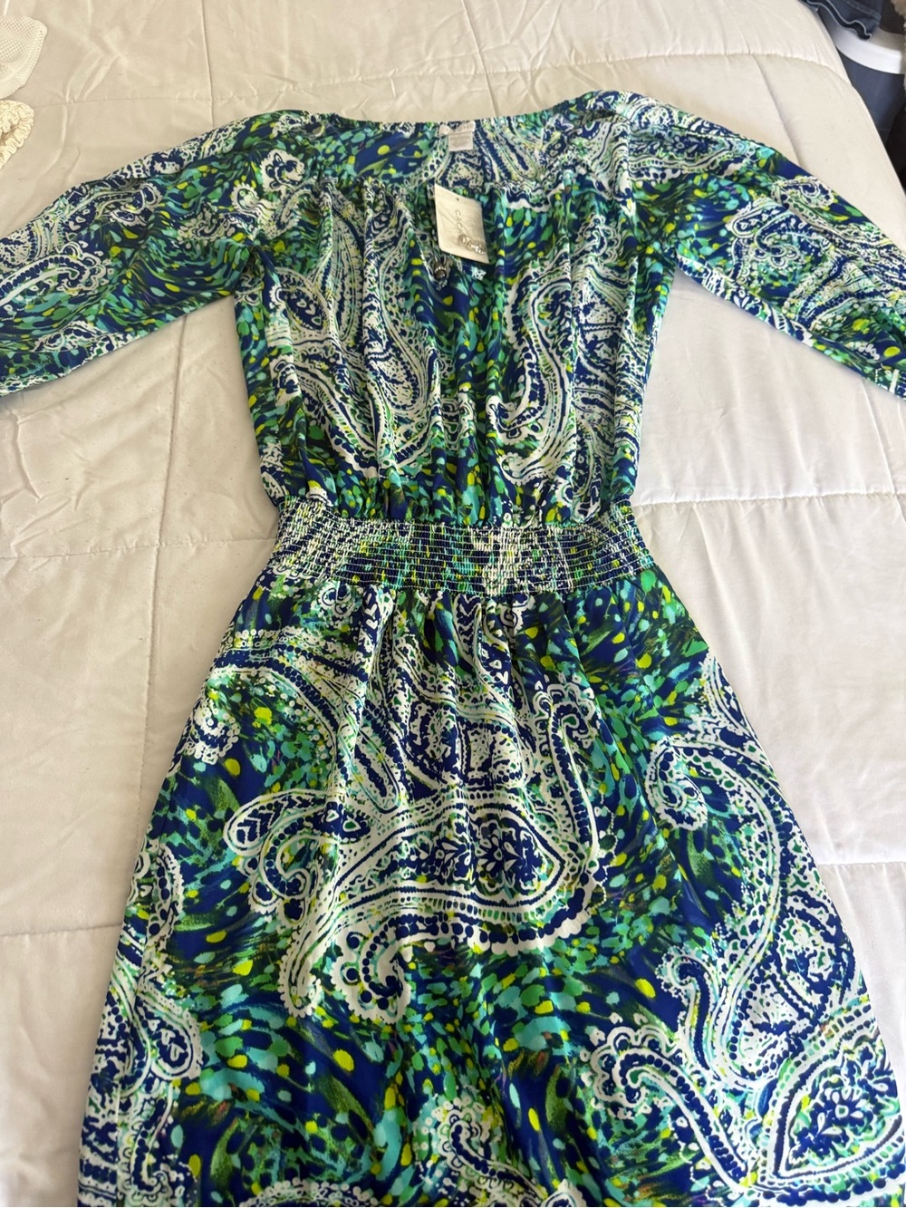 Cache Blue & Green Paisley Shirred-Waist Long Sleeve Dress